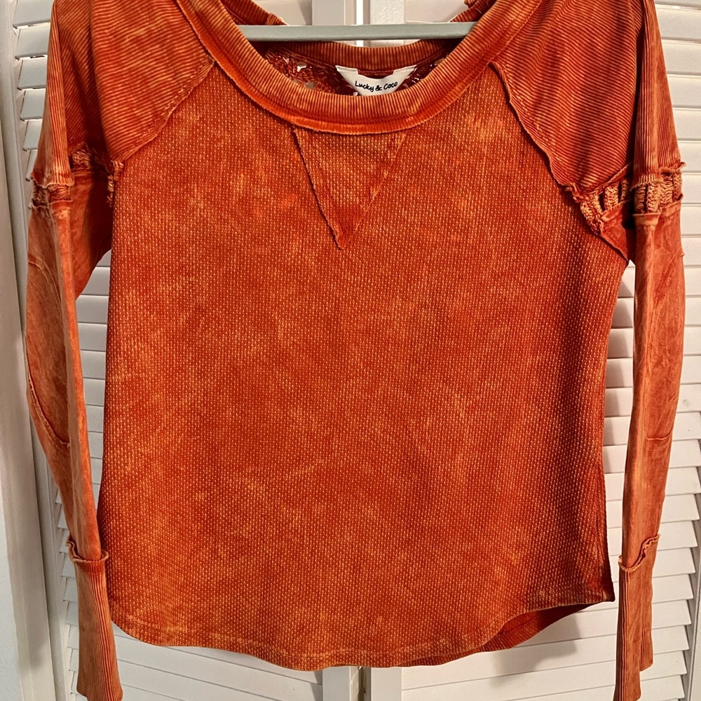 Lucky & Coco Women's Orange Textured Shirt with Embroidery Accent on back